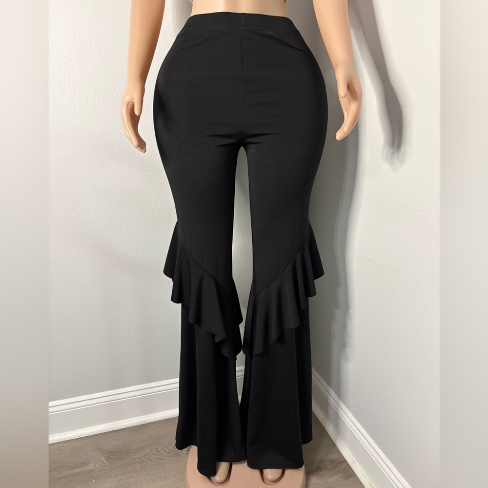 Elegant Black Ruffle Flare Pants